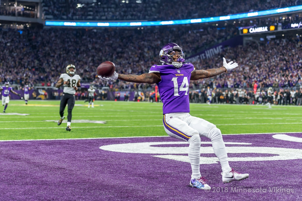 Minnesota Vikings wide receiver Stefon Diggs reacts after scoring the game  winning touchdown against the New Orleans Saints in the second half of the  NFC Divisional round playoff game at U.S. Bank