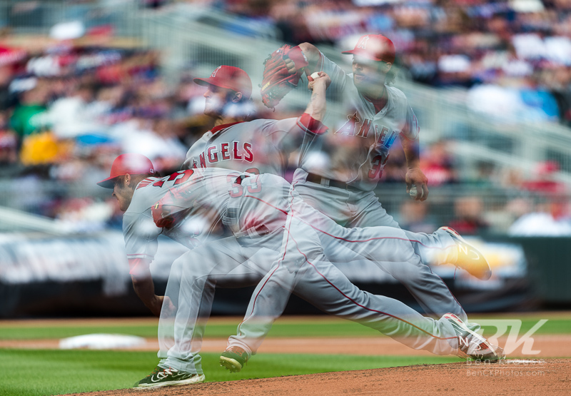 This is a single photo frame comprised of 3 exposures compiled in-camera.  Los Angeles Angels starting pitcher CJ Wilson pitches against the Minnesota Twins at Target Field in Minneapolis, Minnesota on April 9, 2012.  The Angels defeated the Twins 5 to 1.