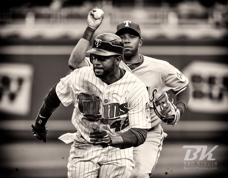 Minnesota Twins center fielder Denard Span is caught in a run-down against the Texas Rangers on Jackie Robinson Day at Target Field in Minneapolis, Minnesota on April 15, 2012.  The Rangers defeated the Twins 4 to 3.  Photo: © Ben Krause 2012