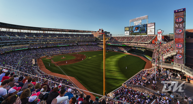 A wide angle view of Target Field as the Minnesota Twins play the Toronto Blue Jays on May 12, 2012 at Target Field in Minneapolis, Minnesota.  This photo was created by merging 5 exposures using HDR software. Photo: © Ben Krause 2012