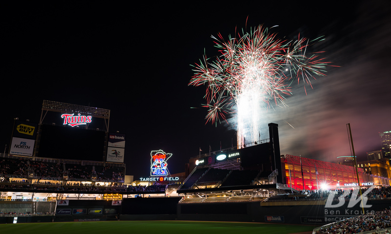 A fireworks display was put on after the game between the Minnesota Twins and Cleveland Indians at Target Field in Minneapolis, Minnesota on July 27, 2012.  Photo: © Ben Krause 2012