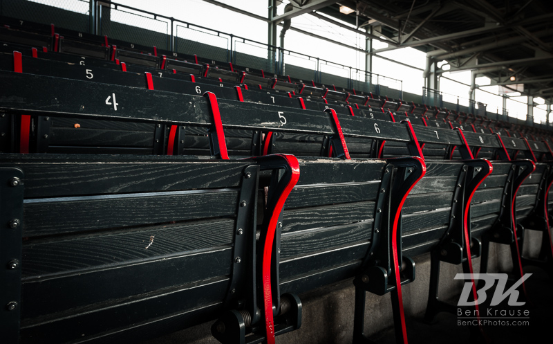 Old wooden seats in Fenway Park.  These are the oldest seats in Major League Baseball.  Photo: © Ben Krause 2012