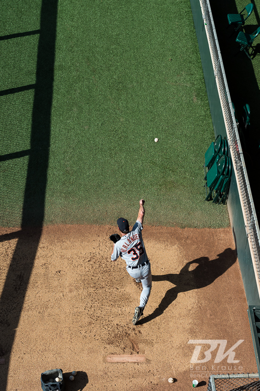 Justin Verlander #35 of the Detroit Tigers warms up in the bullpen before a game against the Minnesota Twins on September 29, 2012 at Target Field in Minneapolis, Minnesota.  The Tigers defeated the Twins 6 to 4.  Photo: © Ben Krause 2012