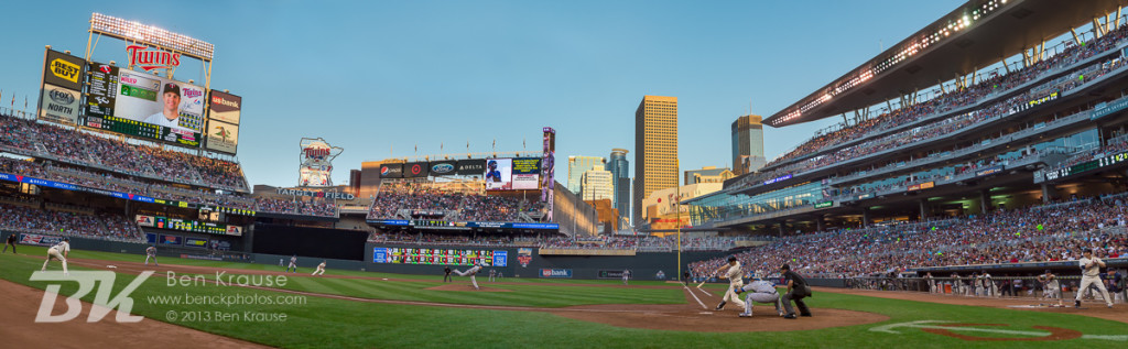 [Note:  This panorama was created by merging multiple exposures during post-processing.] A panoramic view from the inside 3rd photo position at Target Field during a game between the Minnesota Twins and Kansas City Royals on July 31, 2013 in Minneapolis, Minnesota.  The Royals defeated the Twins 4 to 3.  Photo by Ben Krause