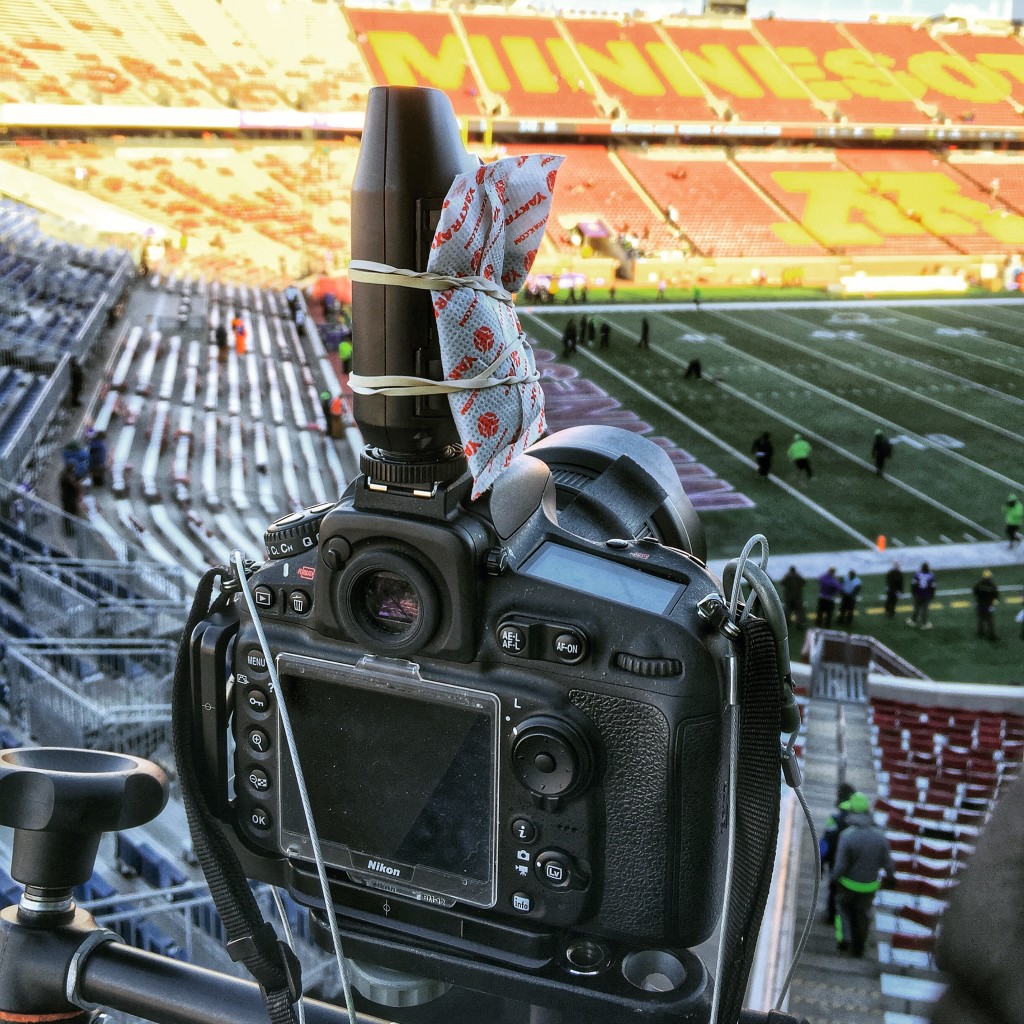 An iPhone photo of my remote camera setup at the Wild Card Playoff game between the Minnesota Vikings and Seattle Seahawks on January 10, 2016 at TCF Bank Stadium in Minneapolis, Minnesota.  Photo by Ben Krause/Minnesota Vikings