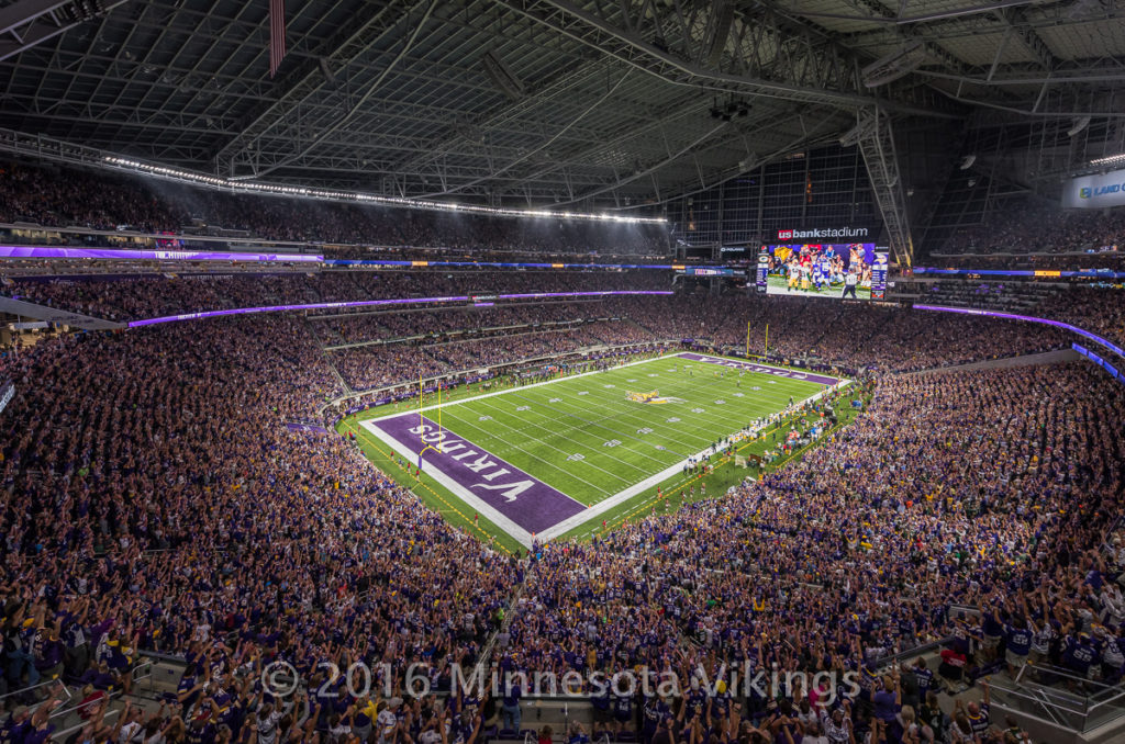 Minnesota Vikings vs. Green Bay Packers on September 18, 2016 at U.S. Bank Stadium in Minneapolis, Minnesota.  This was the inaugural game at U.S. Bank Stadium.  First Vikings touchdown ever scored at U.S. Bank Stadium.  Photo by Ben Krause/Minnesota Vikings
